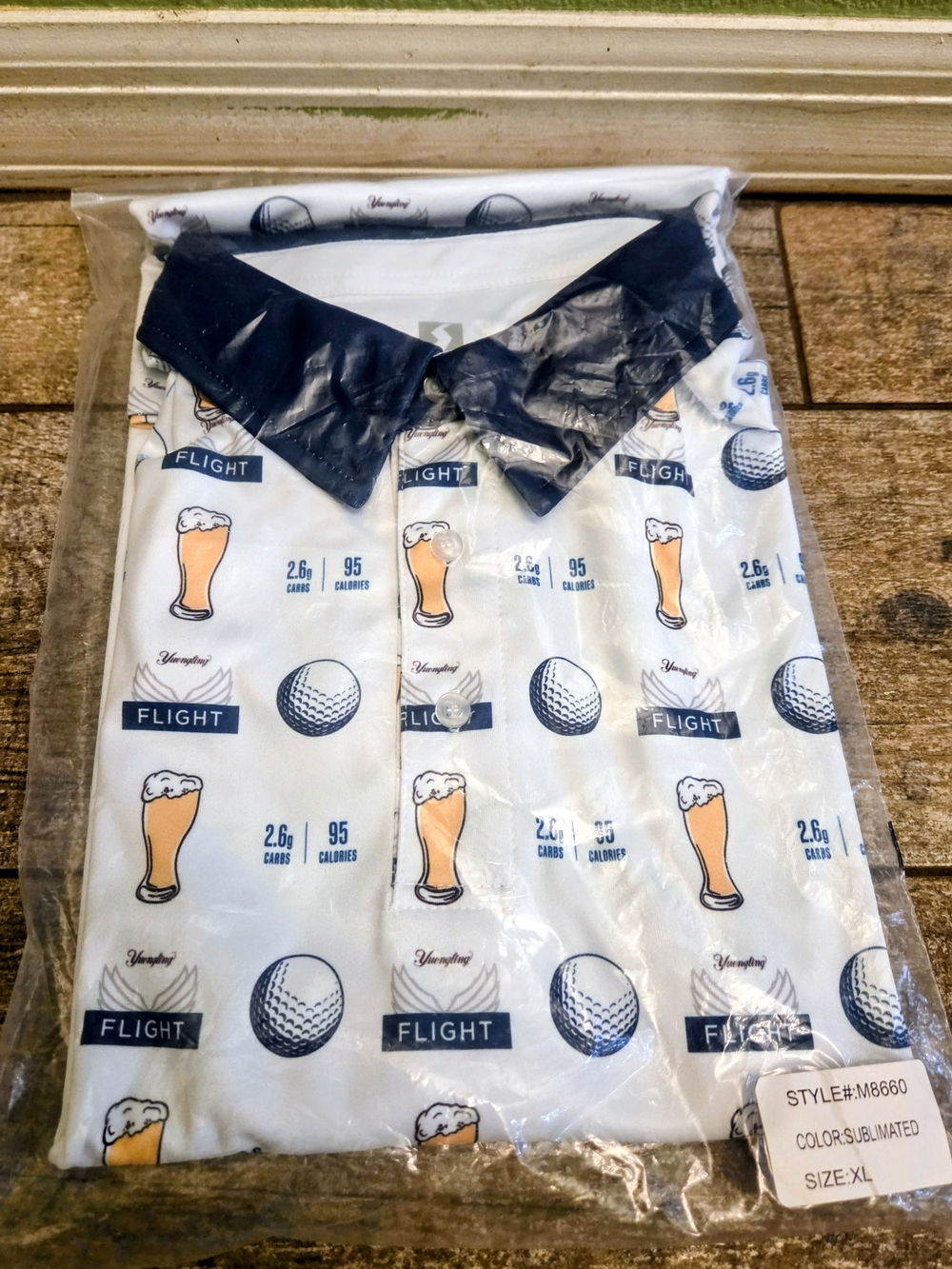Men's White Novelty Golf / Beer Print Polo with Navy Collar